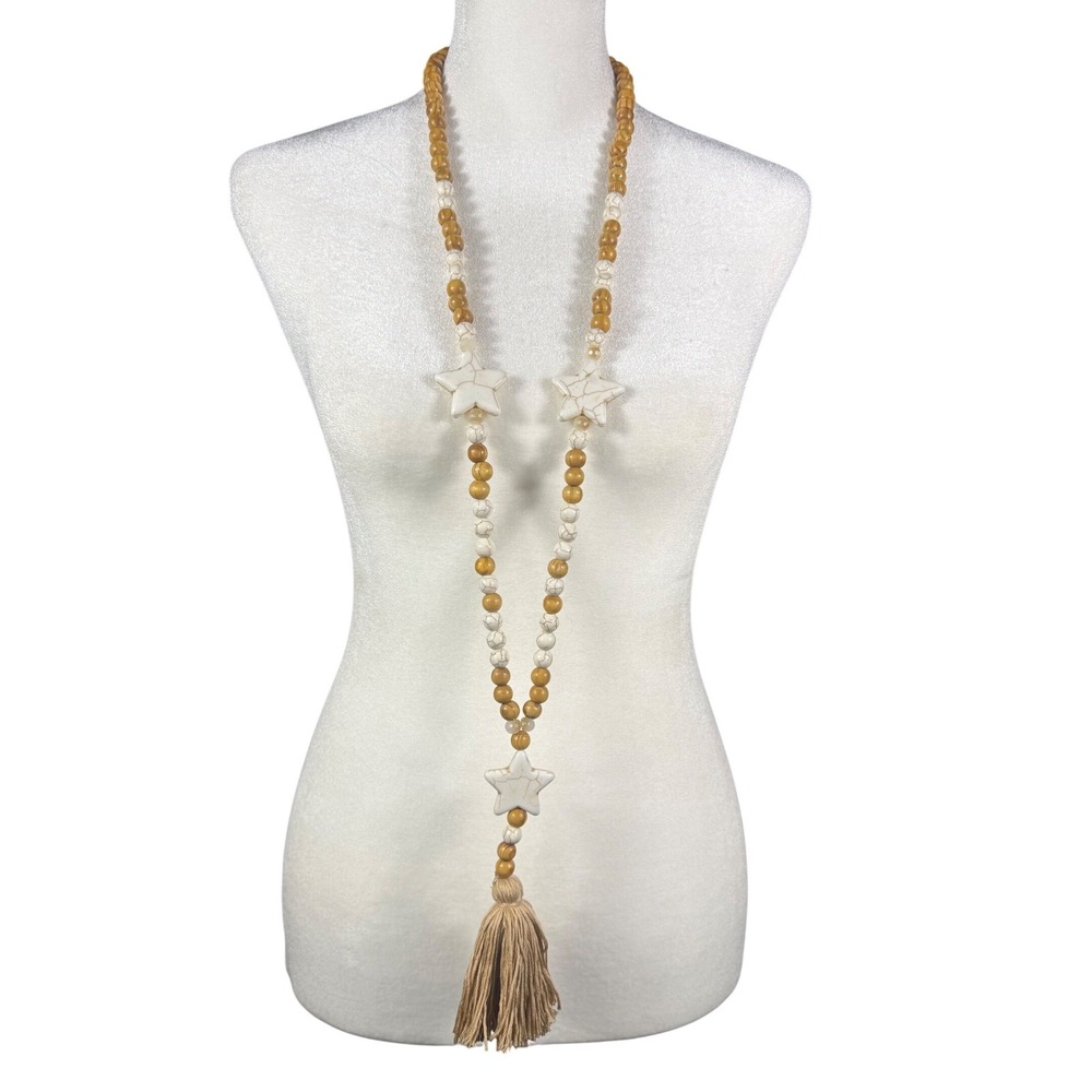Boho Wood White Marble Star Beaded Long Tassel Necklace Tan Celestial Statement